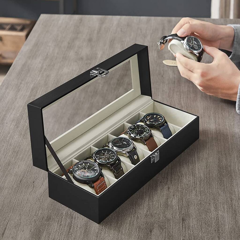Six Slots Black Watch Box Case With Glass Lid, 1 of 7