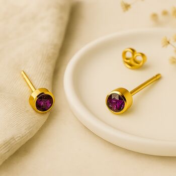 Gold Plated Sterling Silver February Amethyst Birthstone Stud Earrings, 2 of 6
