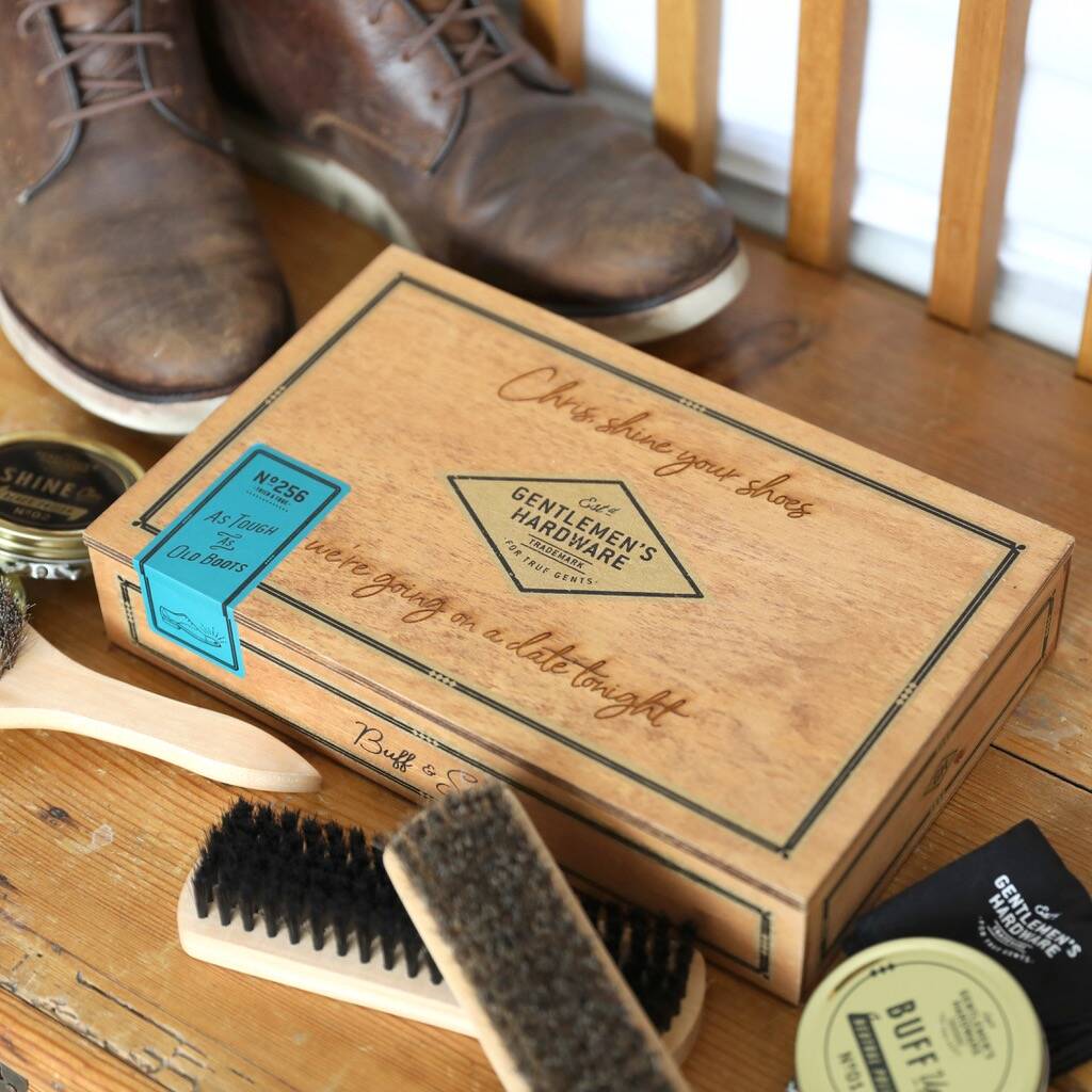 Personalised 'Buff And Shine' Cigar Box Shoe Kit By Lisa Angel