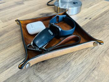 Personalised Burnt Tan Square Leather Desk Accessories Tray, 7 of 12