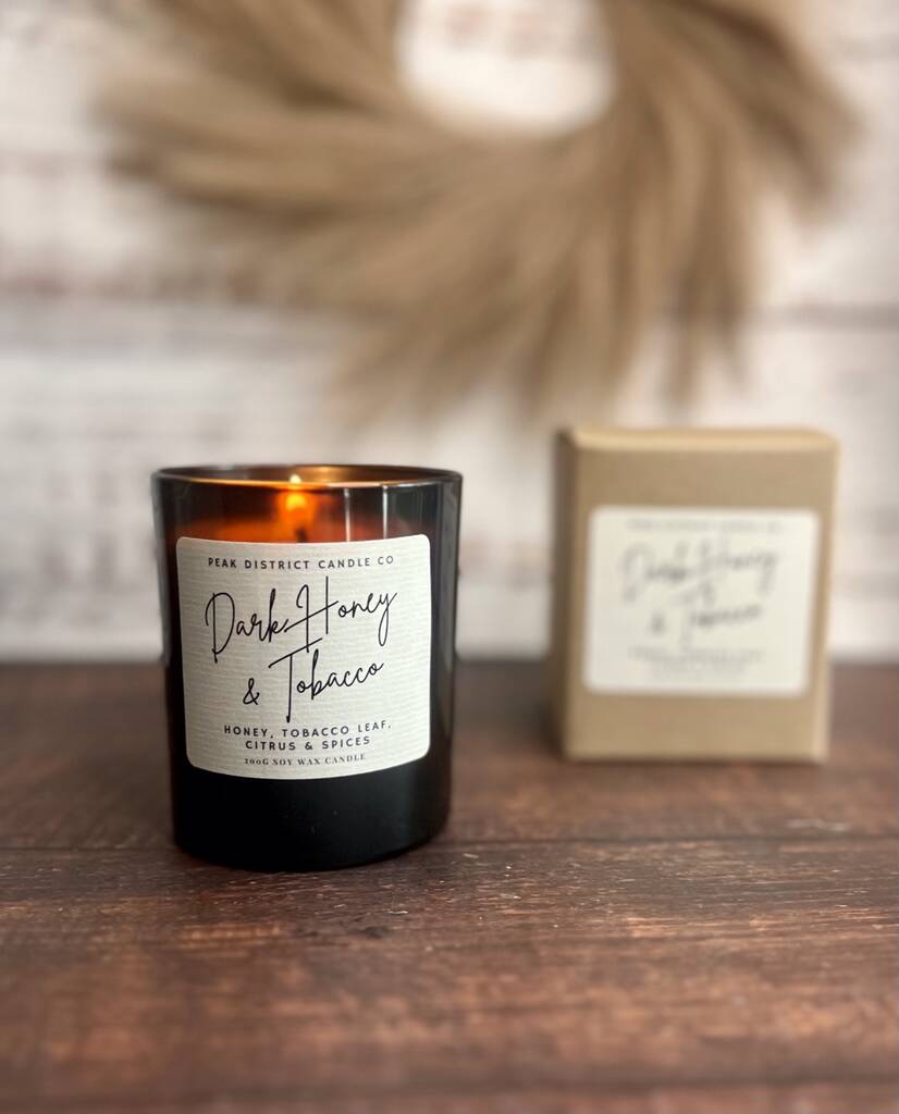 Dark Honey And Tobacco Scented Soy Candle By Peak District Candle Company