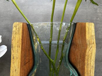 Huge Heavy 31cm Molten Glass Wedge Vase On Teak Root Flower Holder, 10 of 12