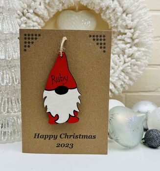 Personalised Gonk Christmas Card Wood Gnome Decoration, 10 of 10