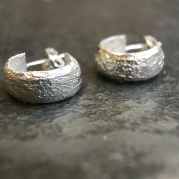 Textured Eco Sterling Silver Huggie Wide Hoop Earrings, 2 of 7