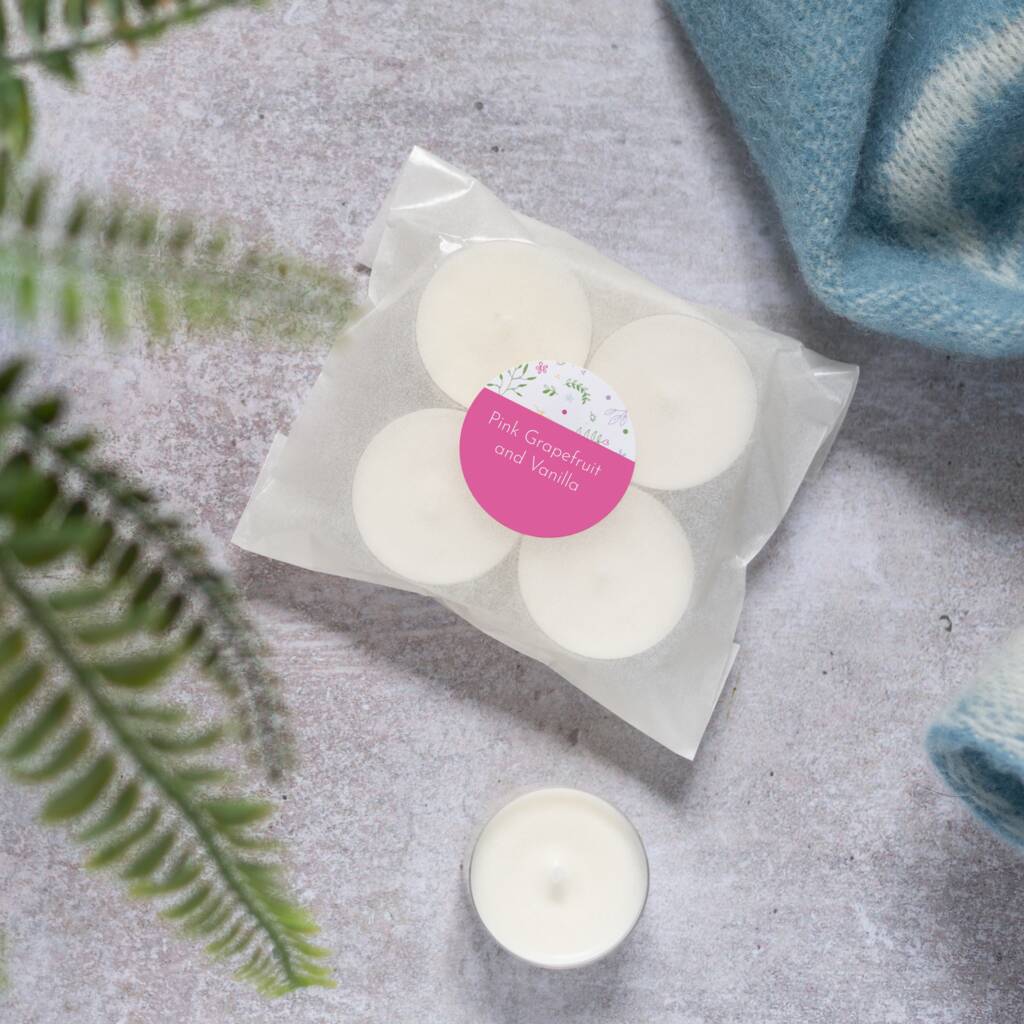 Eight Pink Grapefruit And Vanilla Tealights By Chalk And Cheese Candles