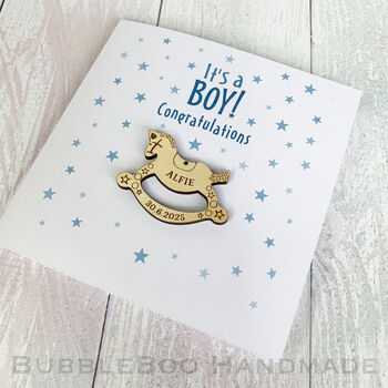 New Baby Congratulation Card. Its A Boy! With A Personalised Wooden Rocking Horse, 2 of 3