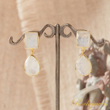White Moonstone Statement Gold And Silver Drop Stud Earrings, 7 of 9