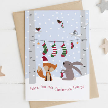 Woodland Animals Christmas Stockings Personalised Card, 2 of 2