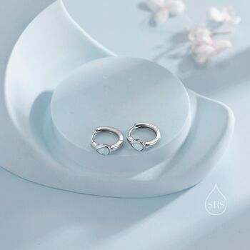 Sterling Silver Delicate Opal Droplet Huggie Hoop Earrings, 5 of 11