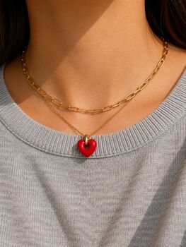 18 K Gold Enamel Red Heart Necklace – Waterproof Stainless Steel Chain – Dainty Pendant Necklace Gift For Her, 2 of 7