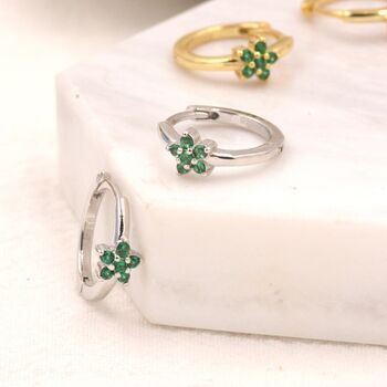 Emerald Green Cz Flower Huggie Hoop Earrings, 7 of 12