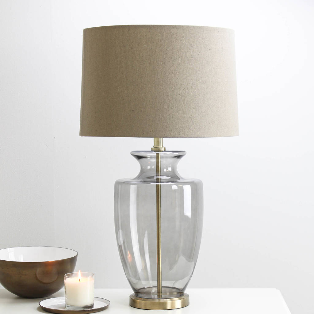 Large Brass Smoked Glass Table Lamp By, Large Glass Table Lamps