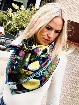 Limited Edition Under The Neon Moon Bright Tropical Animals And Trees 100% Silk Satin Scarf, 4 of 8