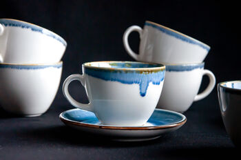 Blue Set Of Six Handmade Porcelain Tea Cup With Saucer, 7 of 10