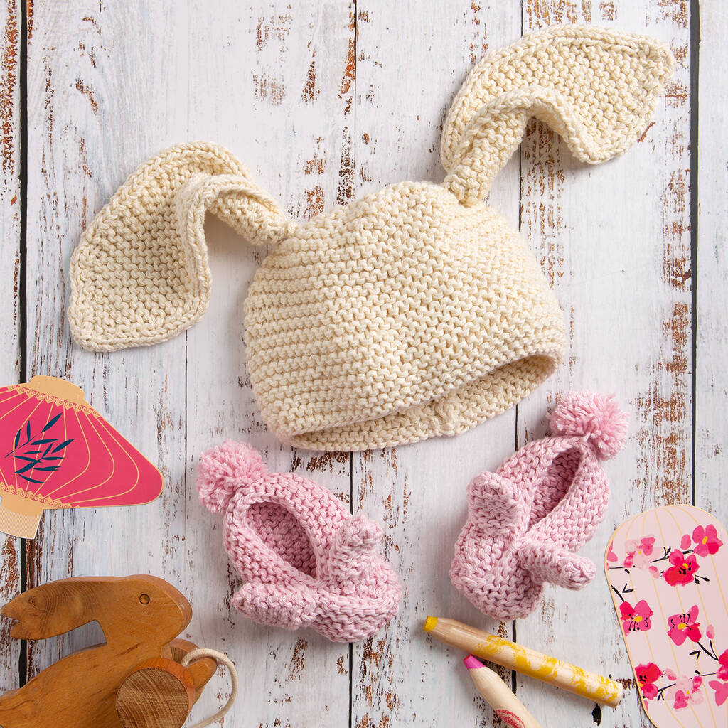Bunny Baby Slippers And Hat Knitting Kit Year Of Rabbit, 1 of 8