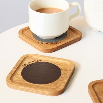 Personalised Solid Oak And Leather Coaster, 4 of 9