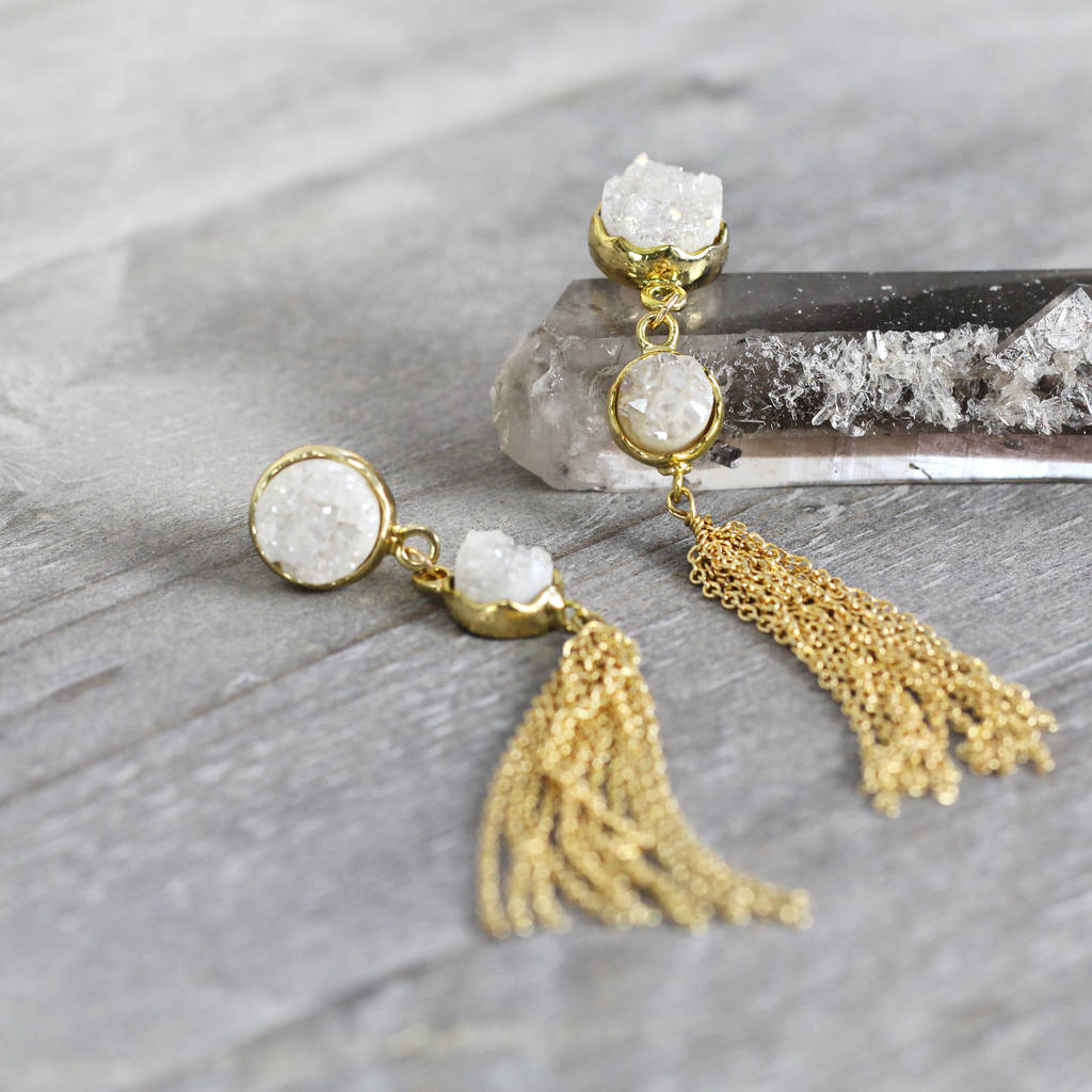 White Druzy And Gold Chain Tassel Earrings By Artique Boutique