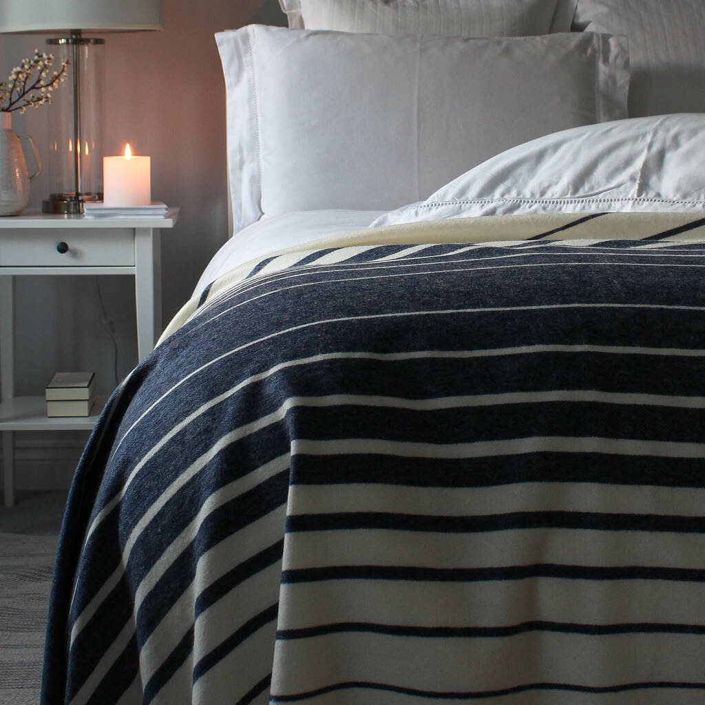 Large Navy And Cream Stripe Lambswool Throw By Marquis & Dawe