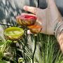 Set Of Three Copper Rain Catchers – Tangerine, Green And Red Garden Sculpture On Curved Iron Pole, thumbnail 4 of 4