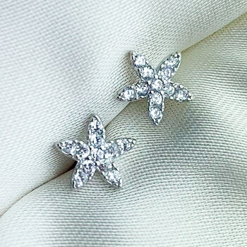 Sterling Silver Sparkly Flower Stud Earrings, 3 of 5