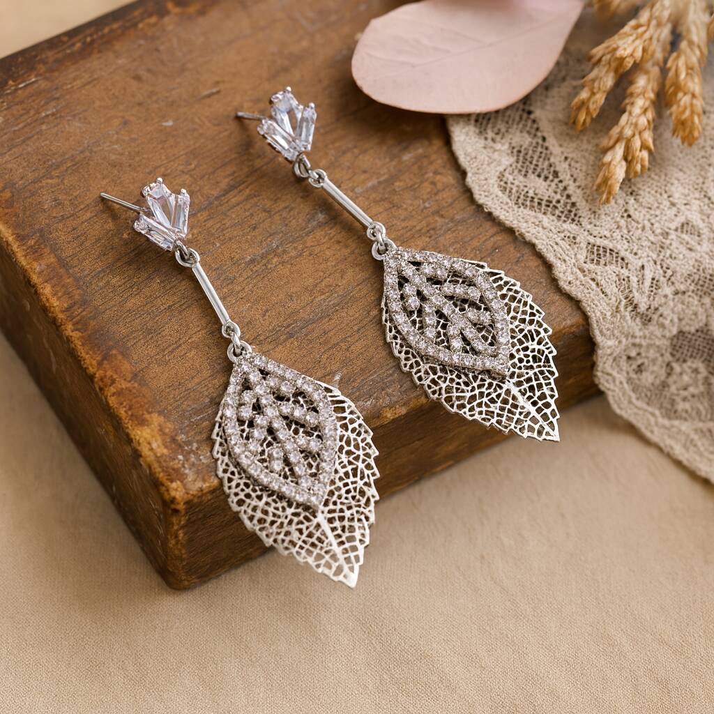 Statement Sparkle Leaf Drop Earrings, 1 of 4