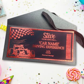 Personalised Shiny Foil Driving Experience Voucher On Black Card, 2 of 5