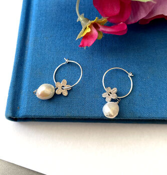 Sterling Silver Flower And Pearl Drop Hoop Earrings, 3 of 10