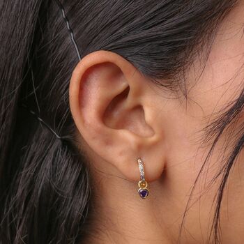 18 K Gold Plated Violet Heart Huggie Hoop Earrings, 2 of 4