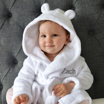 Personalised Soft Baby White Dressing Gown With Ears, 9 of 12