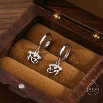 Sterling Silver Eye Of Horus Huggie Hoop Earrings, 2 of 10
