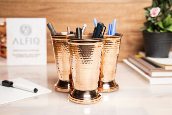 Handmade Copper Cutlery And Pencil Holder – Copper Desk Organizer, Golden Brass Handle Details, 3 of 7