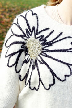 Cream Flower Outline Shoulder Detail Jumper, 3 of 8