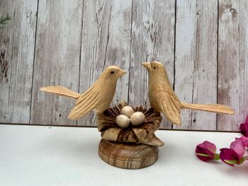 Wooden Bird Ornament Love Birds On Nest With Mushroom, 3 of 9