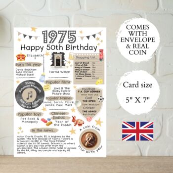 50th Birthday Card With 1975 Coin And Envelope Choose Your Colour, 2 of 3