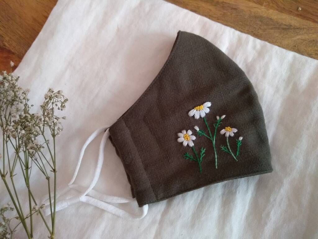 Hand Embroidered Daisy On Olive Face Mask, 1 of 5