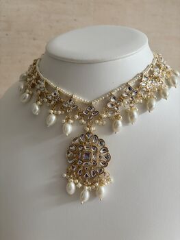 White Gold Kundan Pearl Set Necklace, Earrings And Tikka, 3 of 12