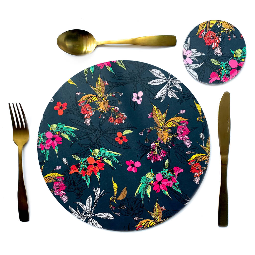 Cherry Blossom Navy Floral Melamine Placemats, 1 of 11