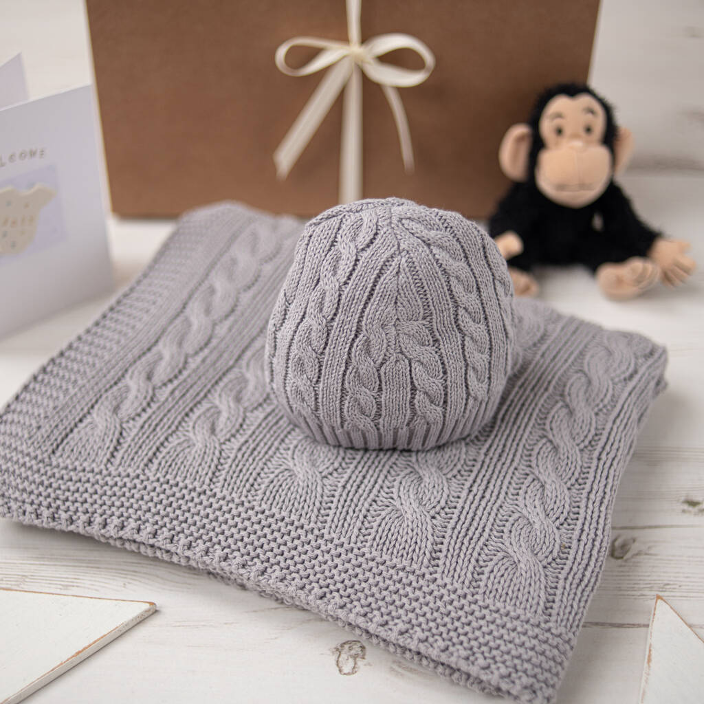Dark Grey Cable Baby Blanket And Hat Gift Set, 1 of 8