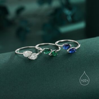Sterling Silver Toi Et Moi Pear Cut Sapphire Blue Cz Open Ring, 6 of 12