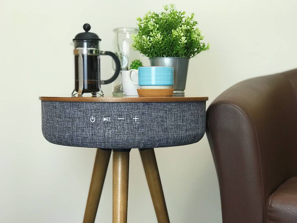 kitchen table with bluetooth speaker