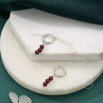 Sterling Silver Genuine Garnet Stone Trio Huggie Hoop Earrings, 3 of 10