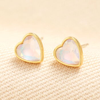 Iridescent White Gem Heart Stud Earrings In Gold Plating, 2 of 4
