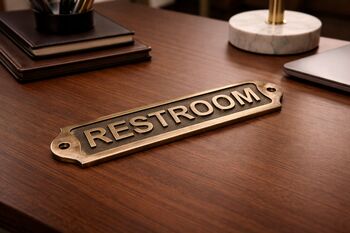 Custom Solid Brass Restroom Plaque With Antique Finish, 2 of 7