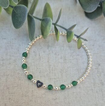 Sterling Silver May Emerald Beaded Bracelet: May Birthstone Personalised Initial Heart, 2 of 5