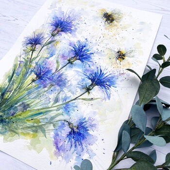 Cornflower And The Bee's Watercolour Print, 4 of 8