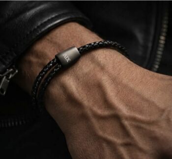 Men's Black Personalised Adjustable Leather Bracelet With Black Accents, 2 of 8
