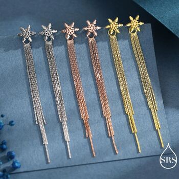 Snowflake Dangle Drop Stud Earrings In Sterling Silver With Tassels, 2 of 12