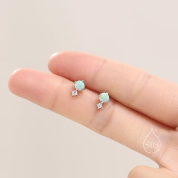 Sterling Silver Tiny Cz And White Opal Stud Earrings, 4 of 11