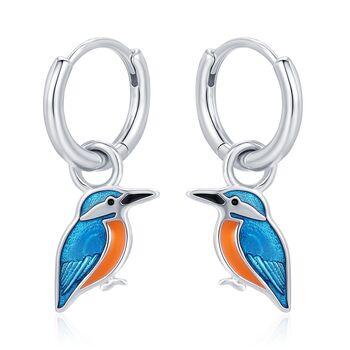 Sterling Silver Enamel Kingfisher Detachable Huggie Hoop Earrings, 8 of 12