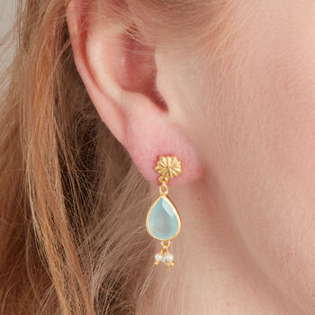 Aquamarine And Pearl Matt Gold Stud Drop Earrings, 2 of 10